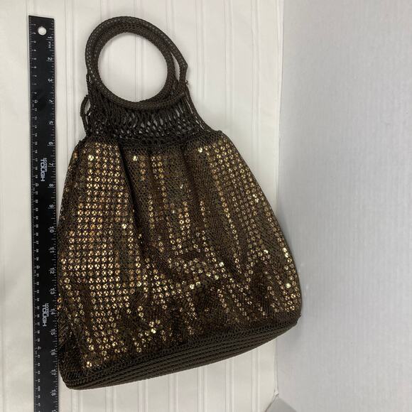 Gap Sequin Shoulder Bag Gold Brown Mesh Knit Circle Handles Retro Boho Y2K Bling - Picture 6 of 8